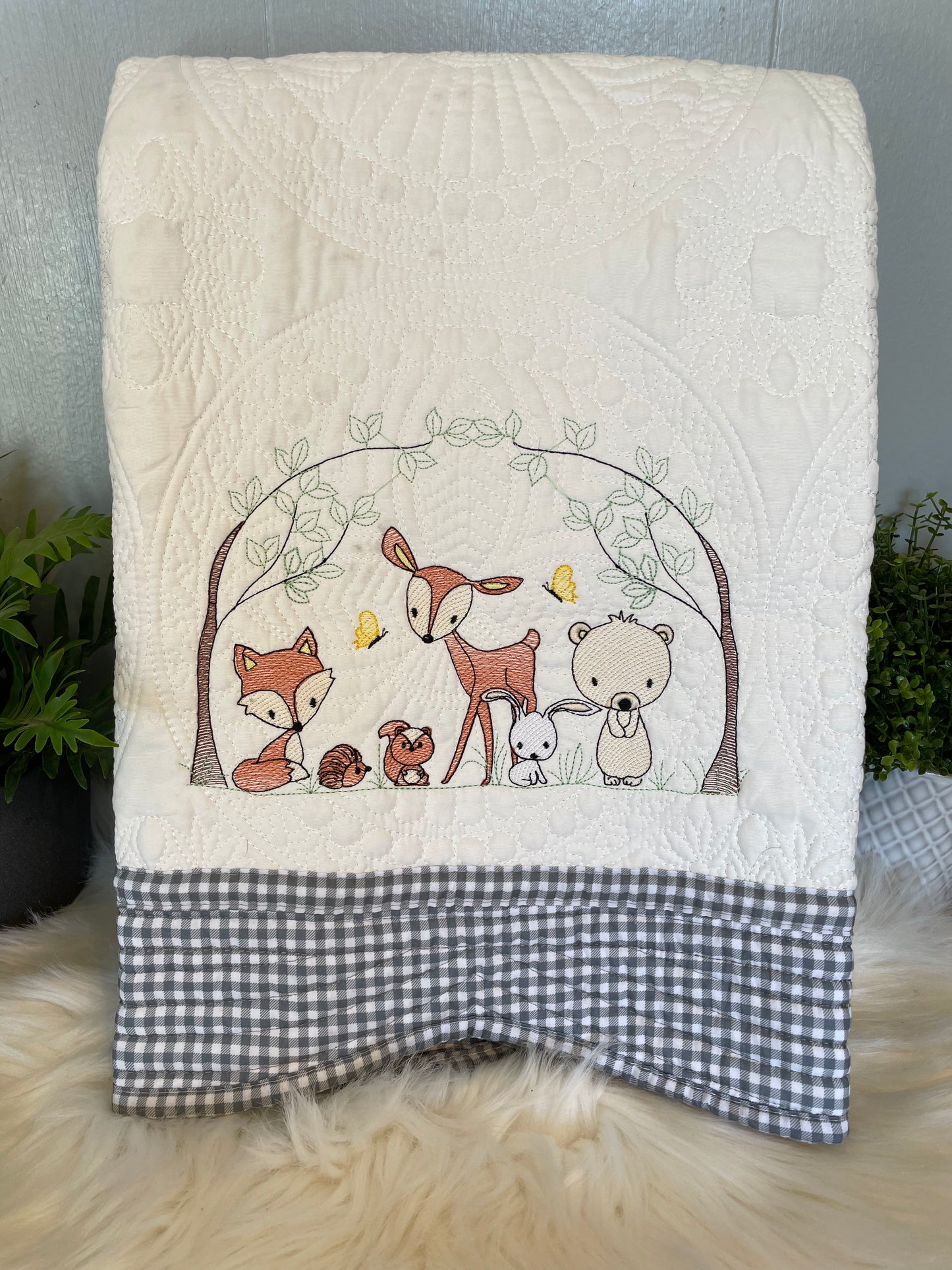 Woodland Animal Gingham Baby Heirloom Quilt