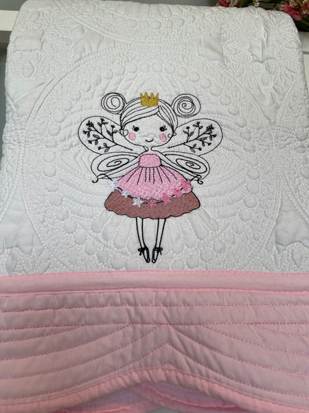 Pink/Off white Heirloom Quilt with cute Fairy Embroidered on Lower middle of Quilt