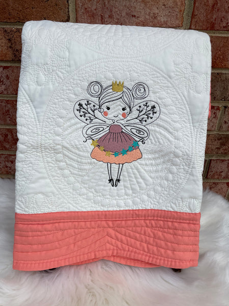 Coral Edge/Off White Heirloom Quilt with Embroidered Fairy