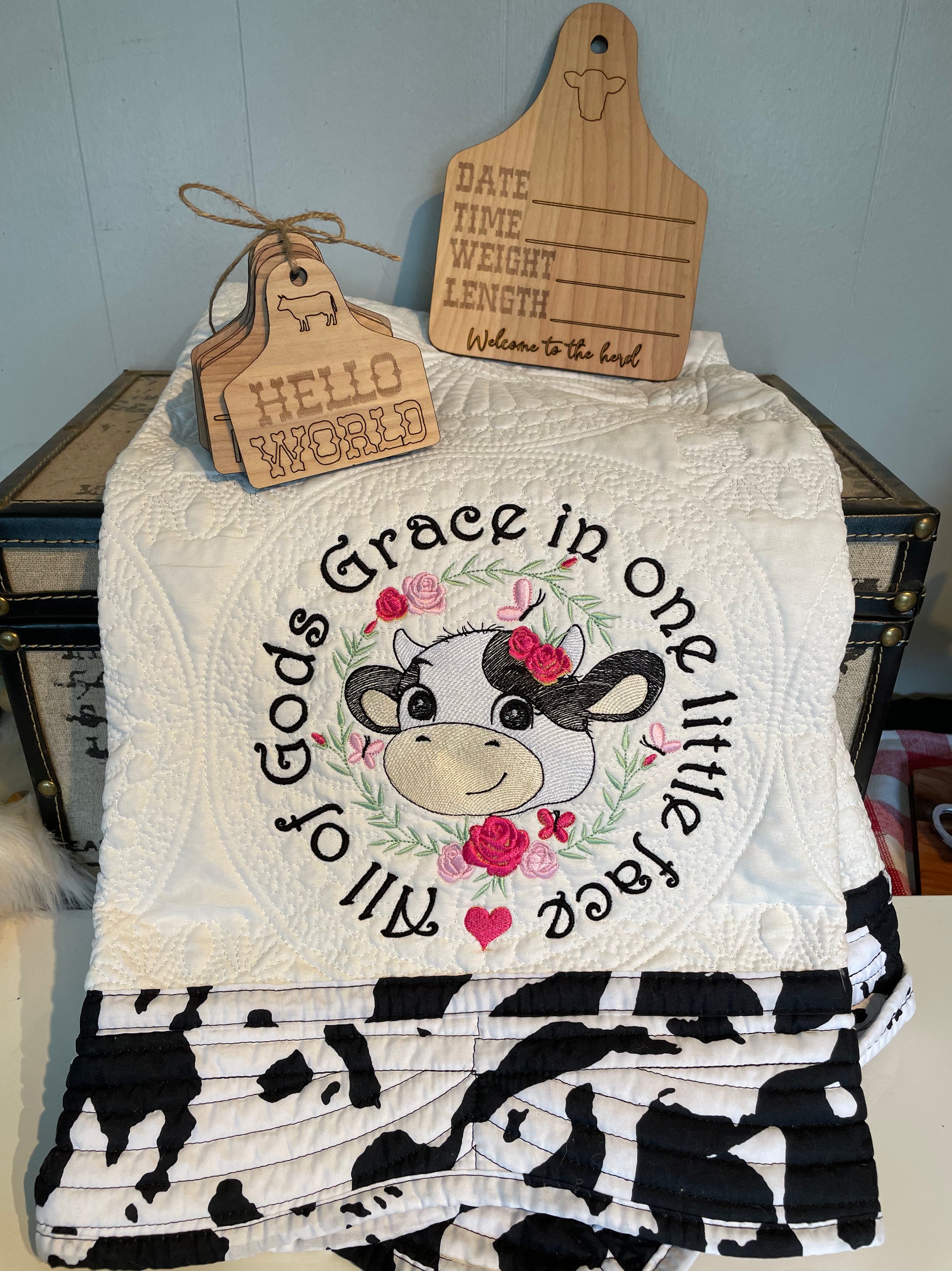 Cow Quilt, Baby first year milestone markers, and Baby announcement